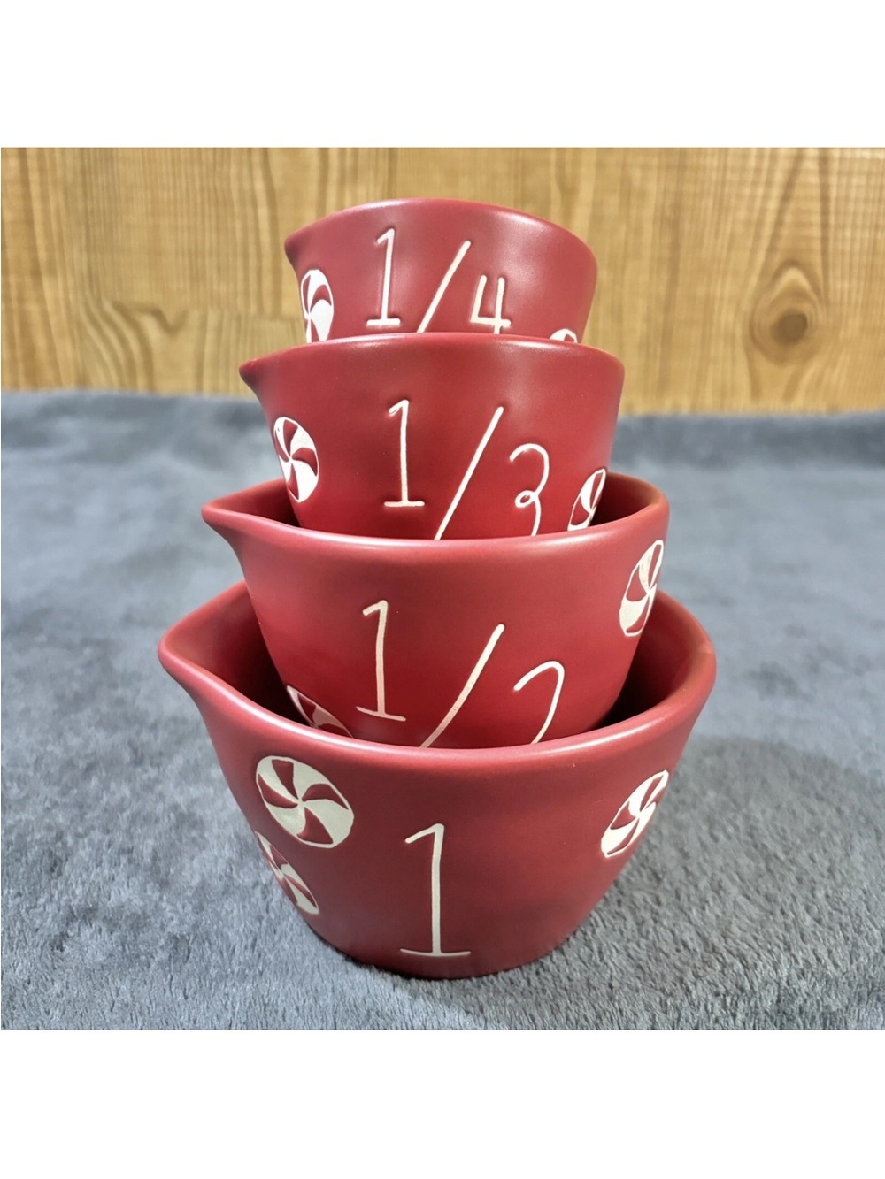 Set Of 4 RAE DUNN Peppermint Candy Measuring Cups Christmas Matte Red MCs NEW